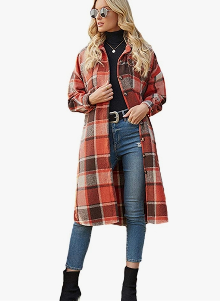 Camisa Flannel long Shirtcoat/Duster/Shacket - orange, brown, cream plaid
